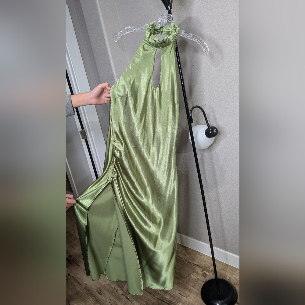 Cider Satin Olive Backless Dress - Picture 2 of 6